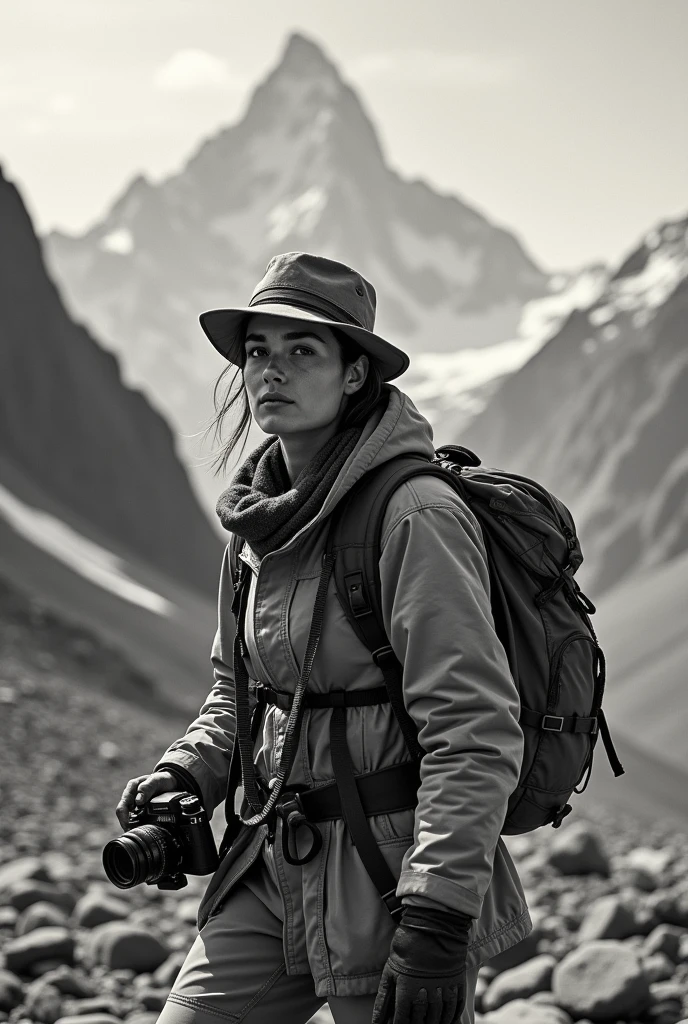 Adventurous female archaeologist realistic photography. traveler. Spontaneous. Limits. danger. mountains. Leica photo vintage
