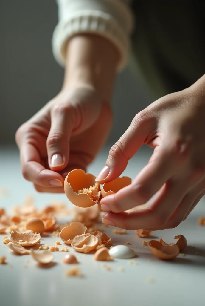 Create an image of a person picking up broken eggshells from the floor but focusing on the person's hands picking up the shells.