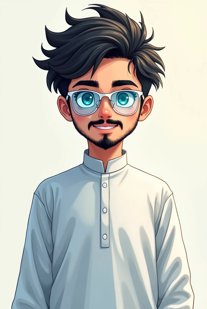 Muslim anime boy with transparent blue glasses and with fully moustache and beard with white kurta 