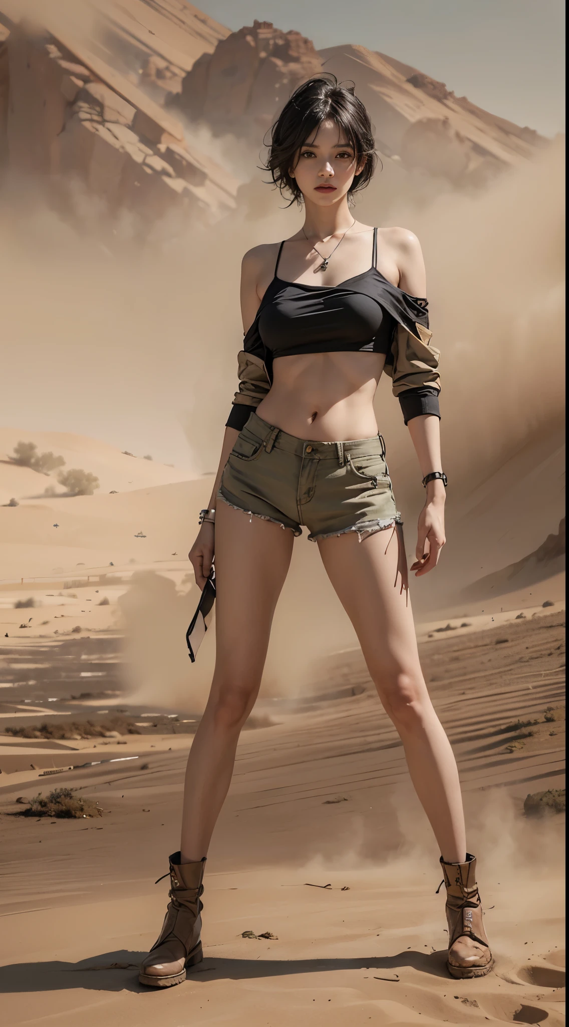 ((best quality)), ((masterpiece)), (detailed), perfect face, young girl, mad max worlds, arid desert, large breast, holding riffle, standing tall