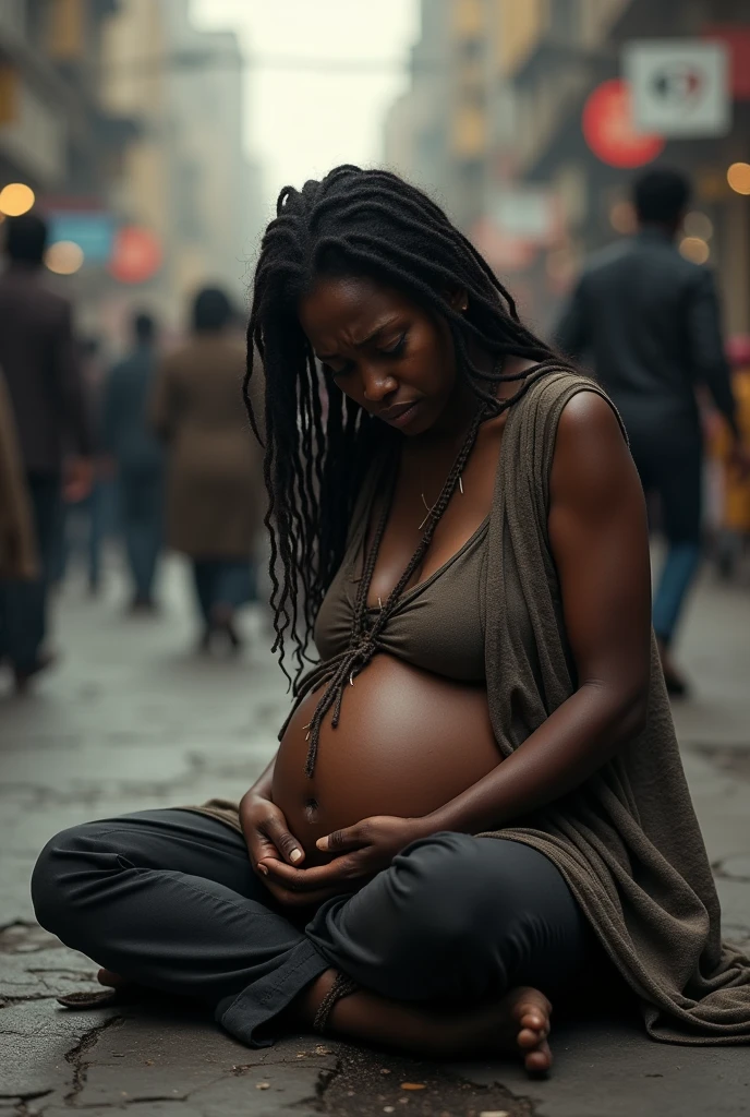 With african black pregnant woman dramatically crying on the floor looking down in a busy city generate an image of a dark black beautiful lady with ragged clothes pregnant and crying on the city streets