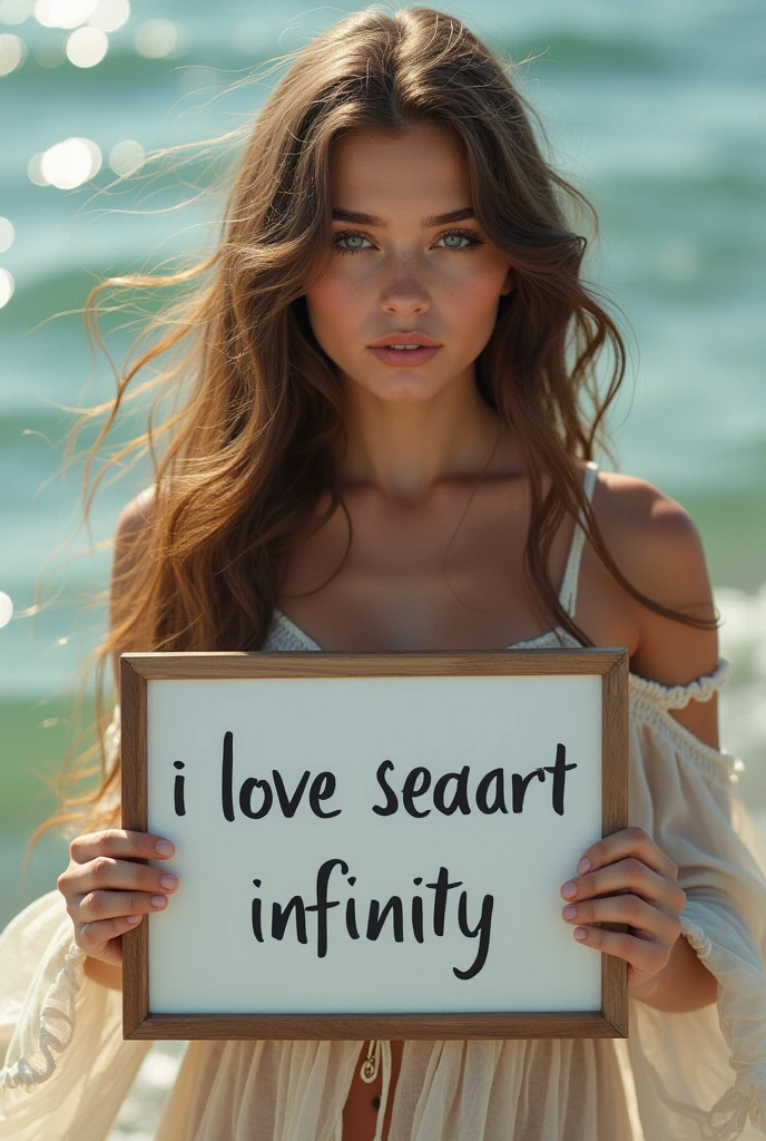 Beautiful girl with wavy long hair, bohemian dress, holding a white board with text "I Love Seaart Infinity" and showing it to the viewer