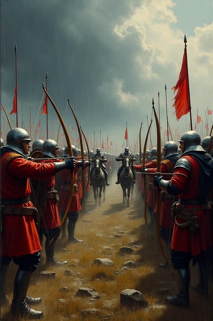 Dramatic reenactment of the Battle of Agincourt with English longbowmen raining arrows on French knights.