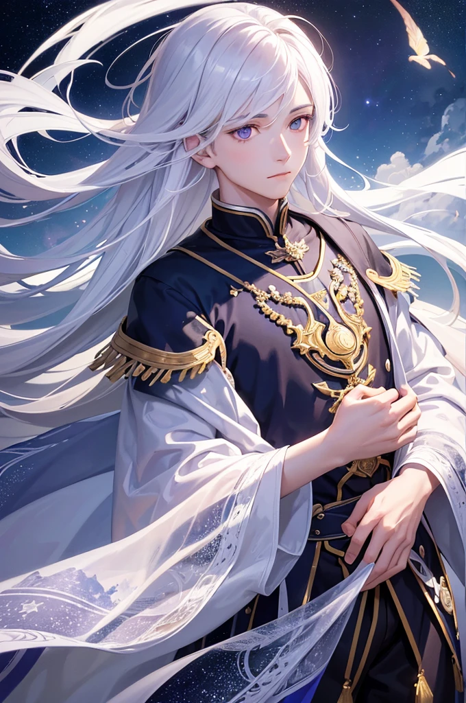 Beautifully drawn, high quality, highly detailed computer illustration of a young man with a serene expression, looks into the distance with violet eyes, his striking light white hair flutters softly in the cosmic wind. The landscape behind him is vast and breathtaking.., engaging viewers in a world of wonder and exploration.