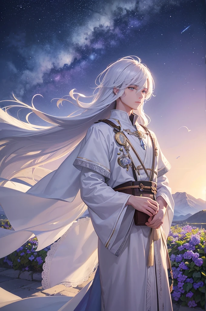 Beautifully drawn, high quality, highly detailed computer illustration of a young man with a serene expression, looks into the distance with violet eyes, his striking light white hair flutters softly in the cosmic wind. The landscape behind him is vast and breathtaking.., engaging viewers in a world of wonder and exploration.