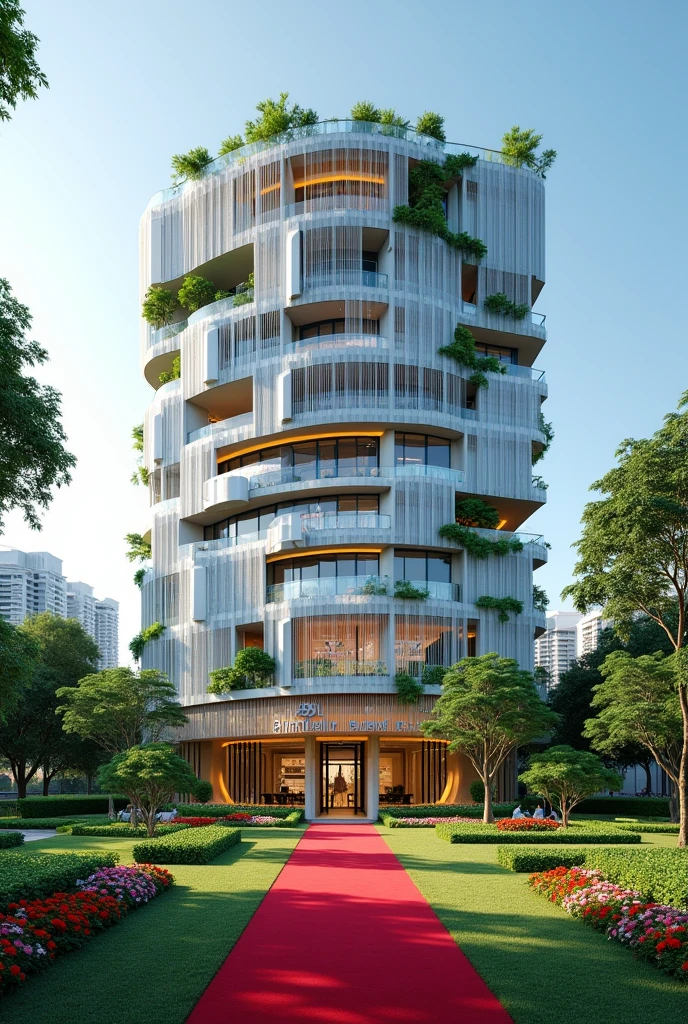Create a building with Singaporean, Exquisite design and a concrete on the building written C.M.D RENEWABLE AND CLEAN ENERGY on it's own compound with Grass and flowers with red carpet on entrance