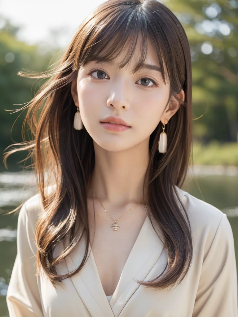 ((Highest quality, 8k, masterpiece:1.3)), concentrate: 1.2, Perfect body beauty: 1.4, Hips: 1.2, ((Long Hair, chest: 1.2)), (Dry clothes: 1.1) , (clear, Simple Background:1.3), Simple clothes: 1.1, Highly detailed face and skin texture,Delicate eyes, double eyelid, Whitened skin, Rough skin、Long Hair、bangs、Simple earrings、necklace、 solo、Beige coat、White shirt, (((Cute and beautiful Japan)))、 ((Beautiful 20-year-old Japanese))、 ((Baby Face))、 (((Slender body)))、 Upper Body,Face focus、necklace,Simple Background,From above, Realistic Hair、 A photograph was taken:Canon EOS R6、135mm、1/1250 seconds、f2.8、ISO400、(Detailed explanation of the hand)、(Masseter muscle area)、(Exquisite CG)、Long Hair, loose and curly hair、Korean Hair、Long Hair明るいベージュ色、グラデーションハイライトグレージュのゆるふわLong Hairスタイル、