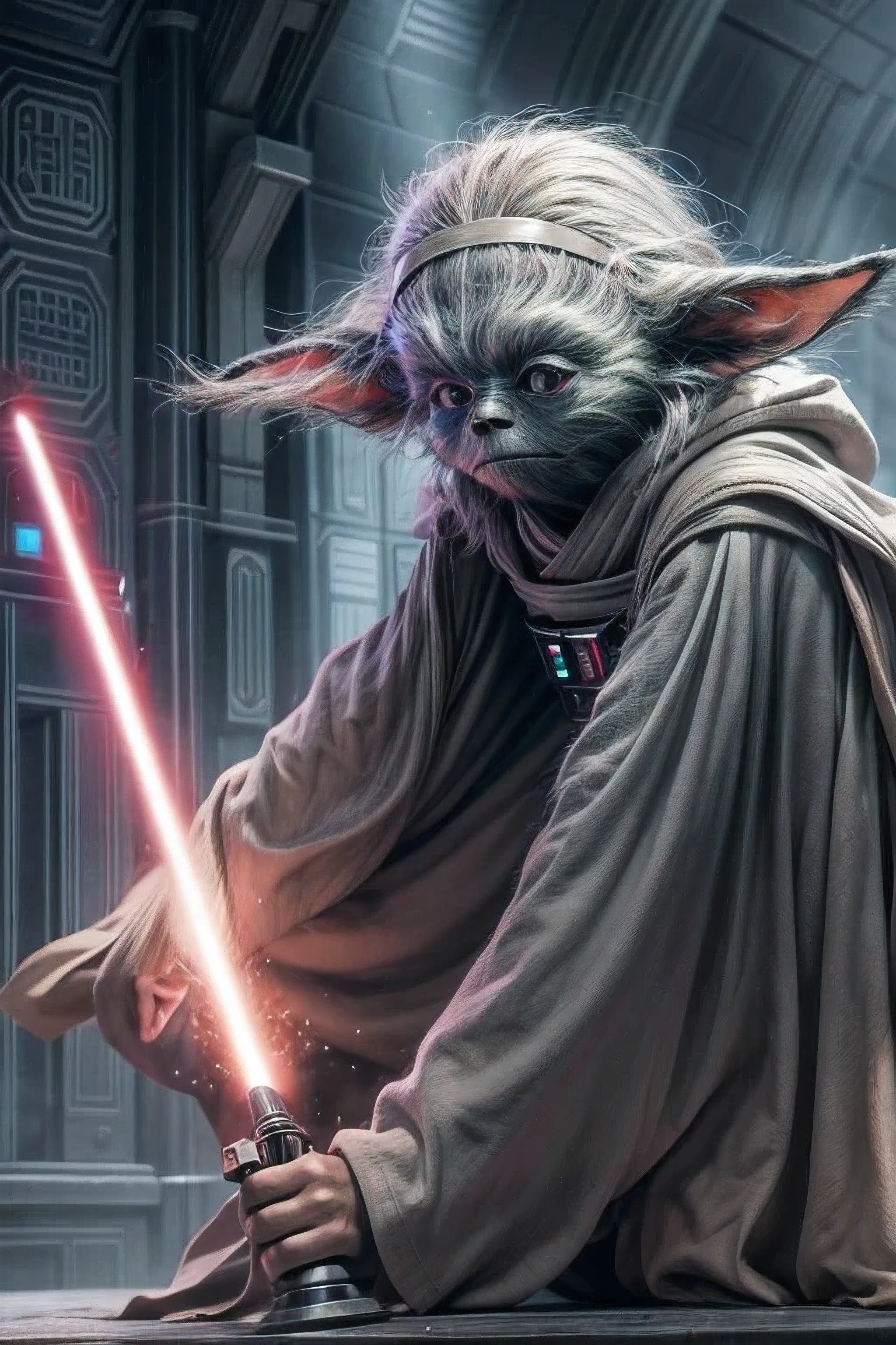 Star Wars、8k.Half Russian and half Japanese、Russian face、beautiful girl、PRİNCESS、、Small face、Young face、Big eyes、Skinny、Small breasts、(((Silver Hair、Silver Hair)))、With bangs、(((High resolutionの大きな美しいライトブルーの目, )))、Shortcuts、Bobcut、、sf,Fantasy、Fight, Jedi vs. Darth Vader, Lightsabers, Combat on the Death Star, High resolution, yoda, detailed, R2d2,Death Star、Fight with Darth Vader in Lightsabers