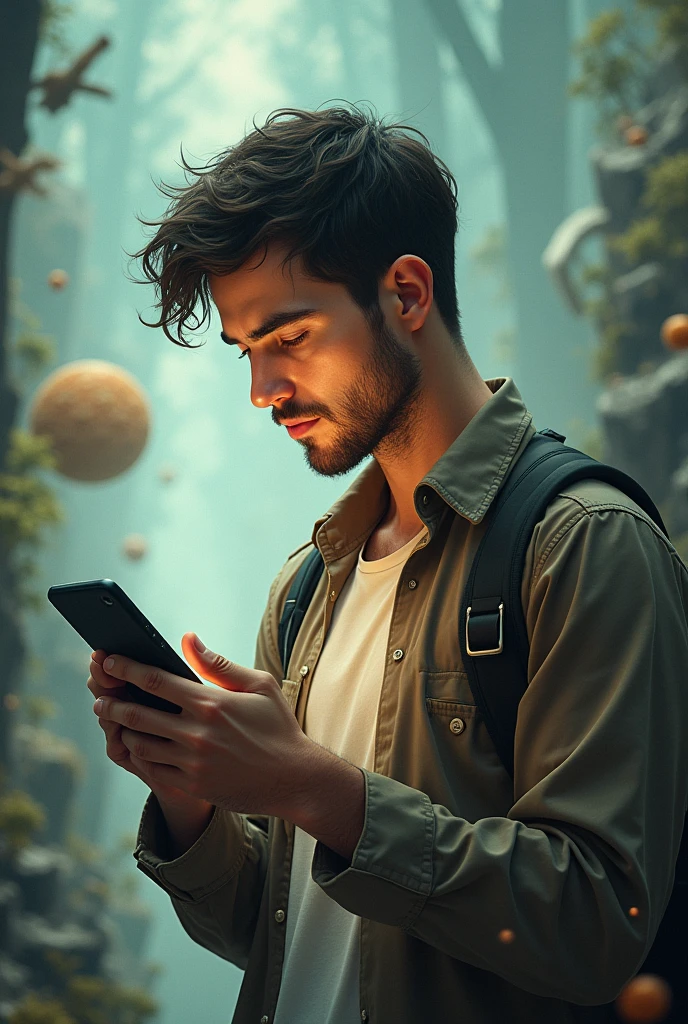 A man looking at his cell phone in a non-realistic drawing ignoring the message on his cell phone