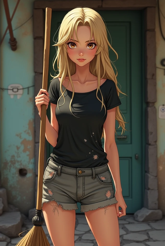 Lucy Heartfilia is very poor and lives in the slums. She is at home sweeping her front door. She holds the broom firmly in both hands. She's wearing a torn black T-shirt and long, torn gray shorts. She has long, loose blond hair, beige skin and brown eyes. Be careful, the body must be symmetrical from head to toe, and the broom must be in front of her, not across her body!