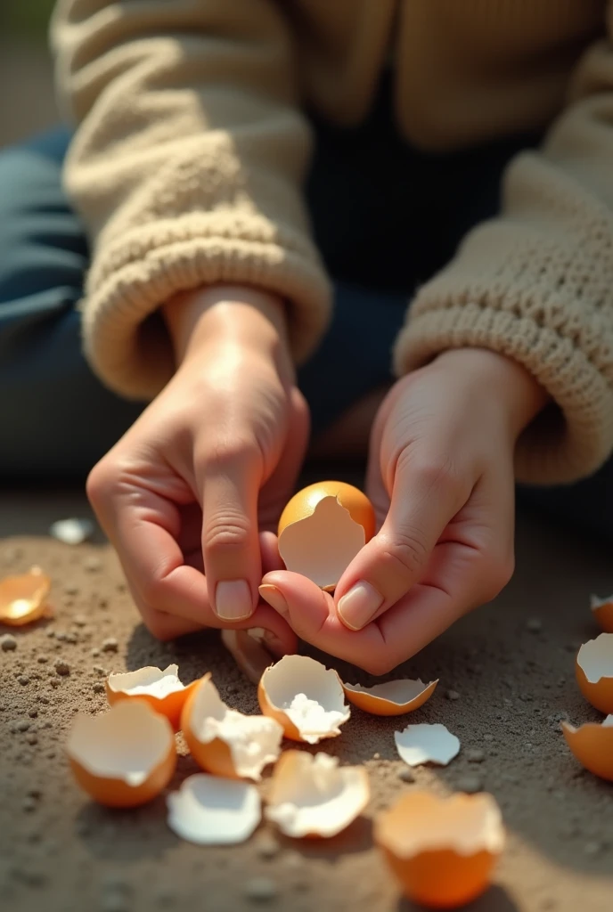 Create an image of a person picking up broken eggshells from the ground but focusing on the person's hands picking up the shells from above.