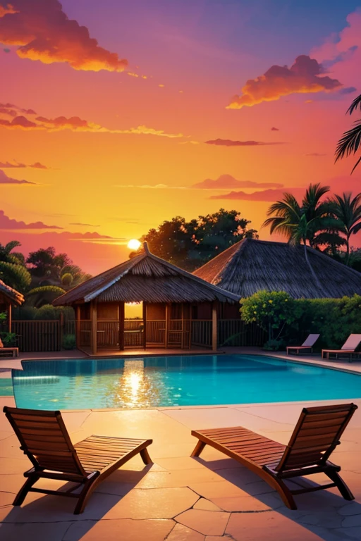 "A vibrant illustration of a Brazilian Pantanal resort at sunset. The scene features a clear pool with a jaguar leisurely walking through the shallow water. Surrounding the pool are colorful umbrellas and lounge chairs, with lush tropical plants framing the scene. The sky is painted in warm hues, and the atmosphere is serene, evoking a perfect vacation spot."