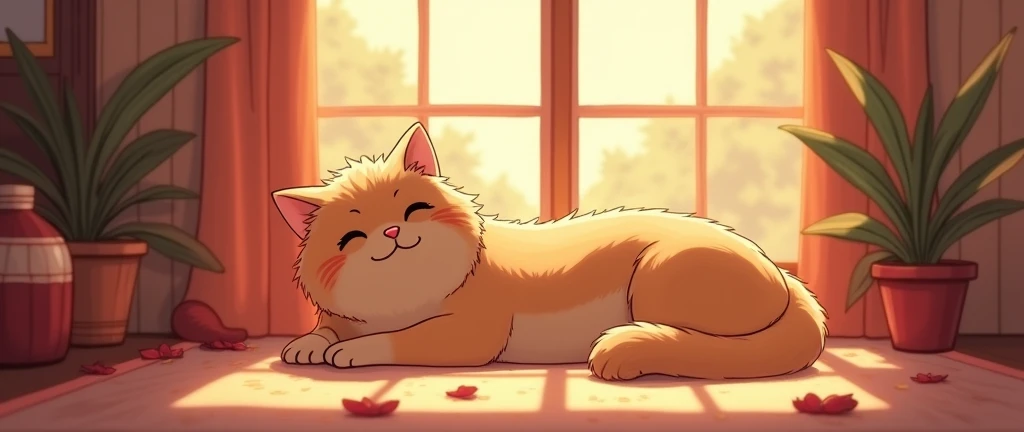 Cat, Cozy Anime,Lofi ,Ultrawide ,Ghibli vibes ,Wide view,Red Color Tones