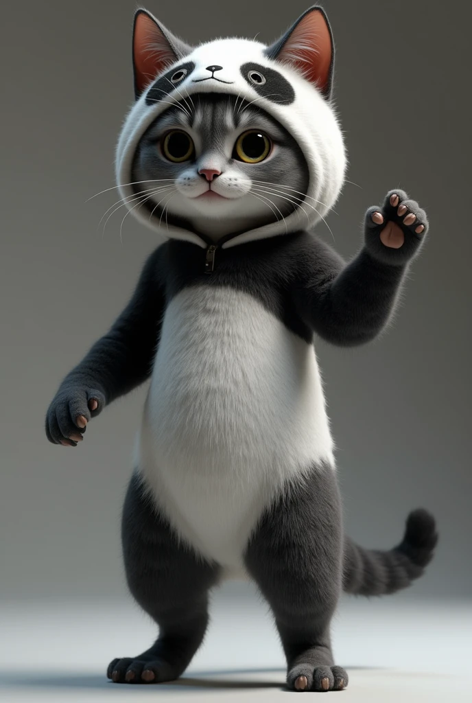 3D Rendering、Real、Realistic、Dancing grey she-cat with black and white stripes、Wearing a panda costume、Stands upright like a human、Staring ahead
