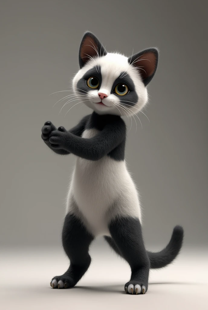 3D Rendering、Real、Realistic、Dancing grey she-cat with black and white stripes、Wearing a panda costume、Stands upright like a human、Staring ahead