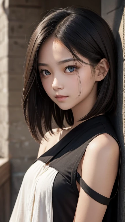 a girl who has short, beautiful shoulder-length hair and eyes that have the impression of a sharp gaze and has a cheeky and indifferent facial gesture