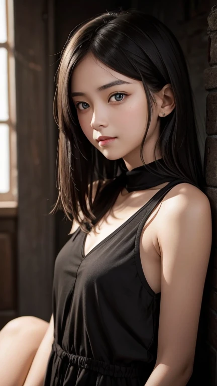 a girl who has short, beautiful shoulder-length hair and eyes that have the impression of a sharp gaze and has a cheeky and indifferent facial gesture