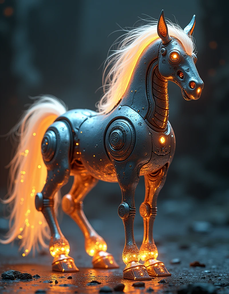 a photo of a mecha robo mythology creature centaur, horse tail, digital art, highly detailed, 8k, photorealistic, cinematic lighting, intricate machinery, gleaming metal, glowing energy, dynamic pose, epic scale, futuristic, science fiction