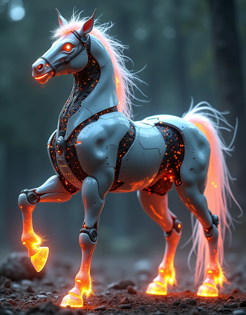 a photo of a mecha robo mythology creature centaur, horse tail, digital art, highly detailed, 8k, photorealistic, cinematic lighting, intricate machinery, gleaming metal, glowing energy, dynamic pose, epic scale, futuristic, science fiction