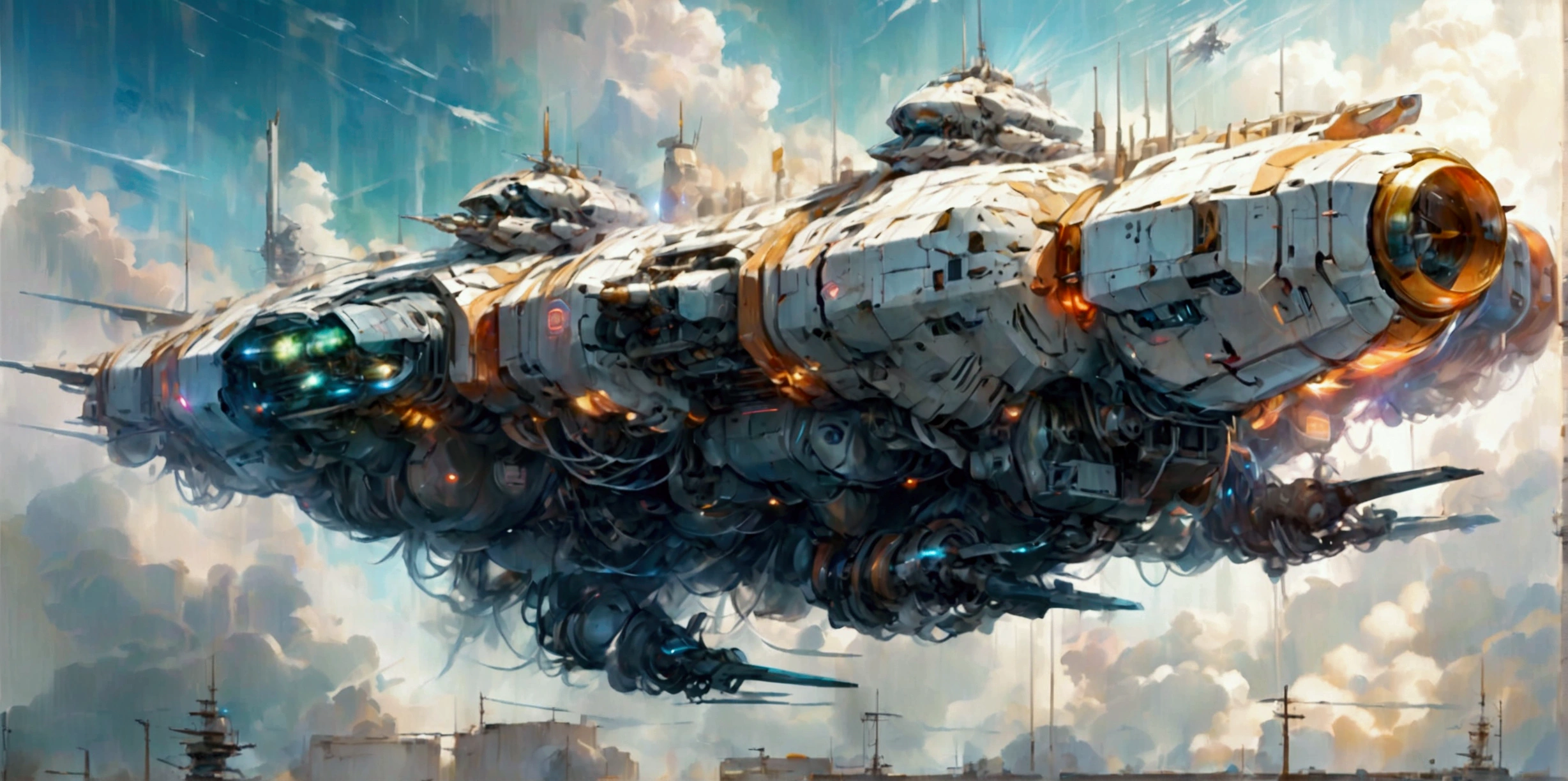 (best quality,ultra-detailed,realistic:1.37), A long wide giant heavily armored divine futuristic flying all terrain biomechanical space battleship covered in rainbow batik pattern and glowing javanese runic symbols, (multiple retractable cybernetic spider legs with wheels on the tips), divine halo, flying hovercraft, flying submarine, flying aircraft carrier, flying hotel, flying resort, flying city, flying skyscraper, flying cruise ship, flying yacht, flying castle, flying military base, multiple thrusters, multiple helipad, multiple propeller, mobile headquarters, mobile command center, automatic turrets, missile banks, missile defense system, multi-port rear engine arrays, large pivoted missile pods, anti-air batteries, reactive armour over vital spaces, VTOL thrusters, ventral ground-facing VTOL thruster bays, retractable center cannon, super carrier, sky carrier, space station, floating city, floating castle, white background