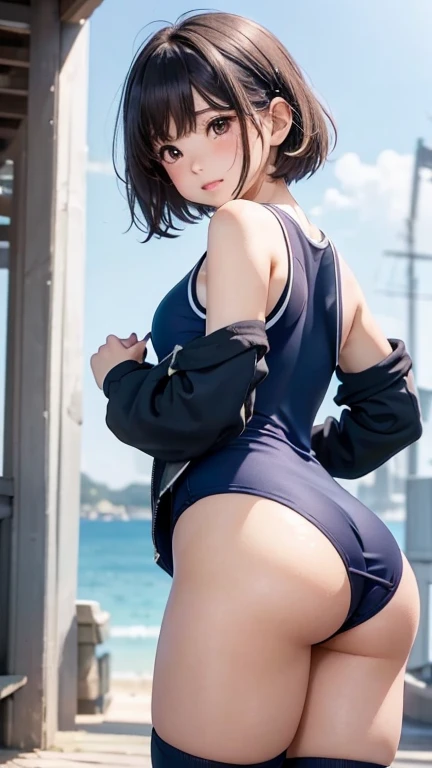 One Girl、blush、Embarrassed look、Perfect Anatomy、Short Bob、Small breasts、(((Navy one-piece school swimsuit with black knee-high socks)))、((Hair tousled by the wind、Messy Hair、Broken hairstyle))、(((Cute ass)))、Pay attention to the butt、Professional Lighting, Film Grain, chromatic aberration, (Eye and facial details:1.0), (Bokeh:1.1)、software:1.5)))、 Highest quality, 8k, 20talent