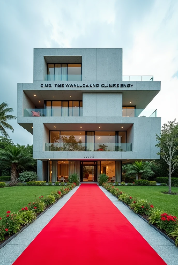 Create a building with  Singaporean, state design and a concrete on the building written C.M.D RENEWABLE AND CLEAN ENERGY on it's own compound with Grass and flowers with red carpet on entrance 