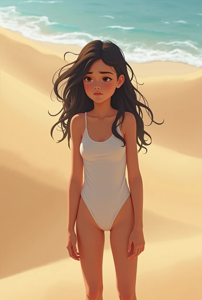 Une adolescente embarrassée en maillot au milieu des dune. 