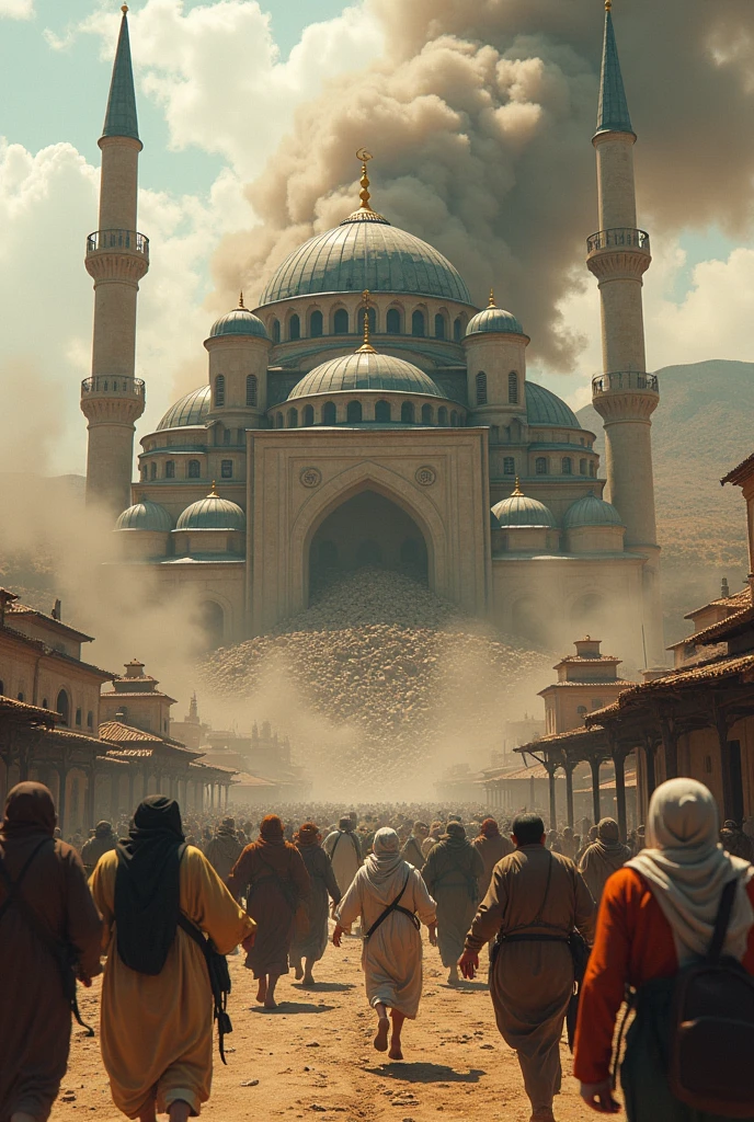 The moment the ground opens beneath the mosque, with debris falling and the building crumbling, as villagers flee in terror.