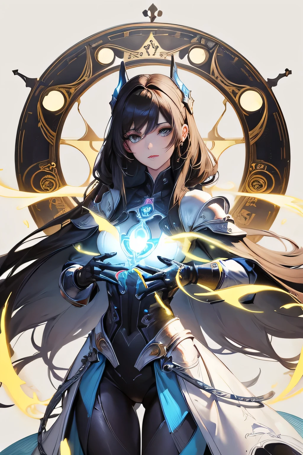 masterpiece, top quality, super detailed, high resolution, (ink painting style), excellent anatomy, beautiful 1 woman, an art nouveau-inspired concept art of a beautiful girl in a futuristic suit jumping out of a glowing, intricate time travel machine, with elements that depict dynamic motion and time warping effects, the scene is set against a bright yellow background, with a visually captivating design that looks like promo art or the front cover of a new video game, the composition should be trending on platforms like polycount, capturing the essence of a loading screen or key art for mobile and PC games, without any text, ((cowboy shot:1.2)), best light, best shadow, mysterious, perfect face, highly detailed,