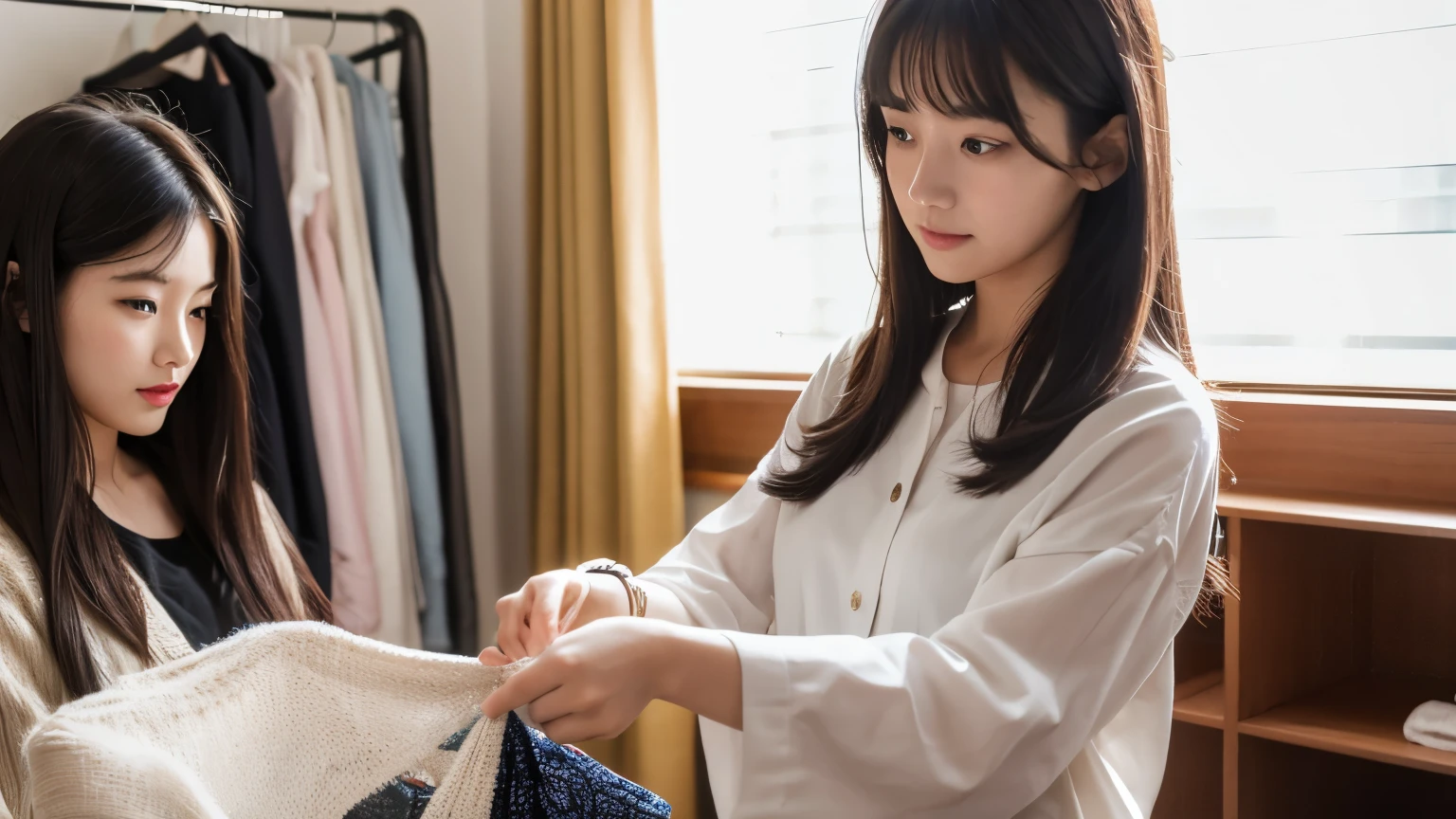 Highest quality、masterpiece、A woman in her twenties choosing clothes to change into