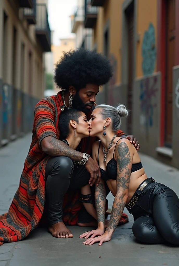 Three russian old  milf women: the strong, muscular , dominant dark skinned gipsy woman (black afro, long african traditional colourful tunic, barefoot), squatting with possessive stance (arms around her two girlfriends' necks). At her feet, lying on the ground,her two caucasian girlfriends (pale faces, pale necks, pale chest, pale stomach, pale arms, pale hands, pale feet) groping and kissing each other,  weak, light grey hair, submissive and needy, feeling defeated and needy, in laid back postures  with hands touching their thongs or their necks or chest, looking at each other with open mouths, arched back,  different clothes but all wearing clothes in rock chic style. grey hair (bouffant, top bun, shaved sides). Big lips.  Black lace push up bras, silicone breasts,, low rise skinny leather jeans. Both Barefoot.. Lots of thick wide studded bracelets, chain necklaces and big rings,. Long earrings with chains and feathers. Chains around their hips. Lounging lazily on the ground with bended knees, separated legs and arched backs. Lazy, leaning back, laid back pose, separated legs. Neck tattoed,  chest tattoed, stomach tattoed, feet, hands, arms and wrists heavily tattoed.  Toned abdominals, thin neck, slim legs and thin arms. Narrow hips. Both, open legs. Full body. At a Madrid narrow street with graffitied walls. 