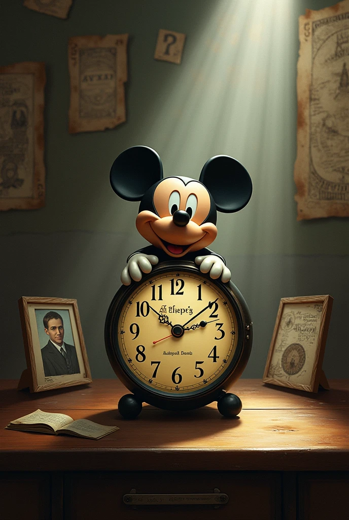 Mickey Mouse watch: Place the Mickey Mouse clock in the center of the drawing. Give it a prominent focus and make sure the watch is easily recognizable, with Mickey&#39;s face and big numbers.Scene from Langdon&#39;s Past: Draw the clock on an old table, next to a framed photo of a young Robert Langdon (symbolizing its past). Photo may be slightly faded to show age.Mission Elements: In the background, draws a series of clues and symbols related to Langdon&#39;s mission. Includes old books, Maps and manuscript fragments with enigmatic symbols and codes.Connection with Time: Shows Mickey Mouse&#39;s watch with rays of light extending towards these background elements, symbolizing how the past (represented by the clock) is intrinsically connected to Langdon&#39;s current mission.