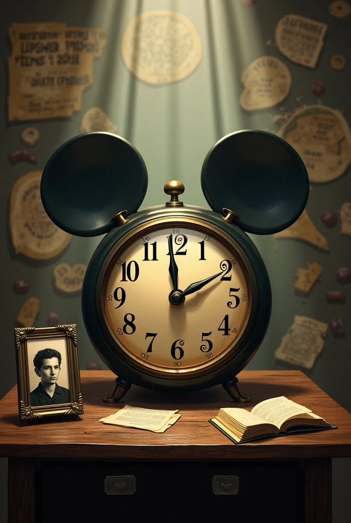 Mickey Mouse watch: Place the Mickey Mouse clock in the center of the drawing. Give it a prominent focus and make sure the watch is easily recognizable, with Mickey's face and big numbers.Scene from Langdon's Past: Draw the clock on an old table, next to a framed photo of a young Robert Langdon (symbolizing its past). Photo may be slightly faded to show age.Mission Elements: In the background, draws a series of clues and symbols related to Langdon's mission. Includes old books, Maps and manuscript fragments with enigmatic symbols and codes.Connection with Time: Shows Mickey Mouse's watch with rays of light extending towards these background elements, symbolizing how the past (represented by the clock) is intrinsically connected to Langdon's current mission.