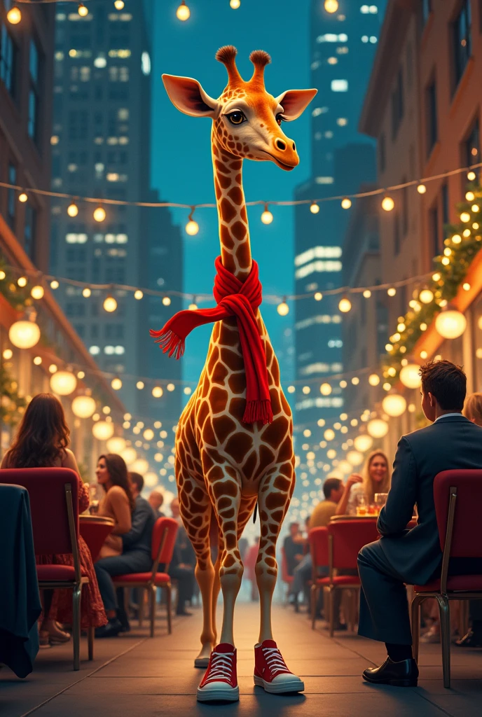 Sa ganap na alas-6 ng gabi, nagniningning ang lungsod sa mga Christmas lights at kasabikan. Si Gerry ang giraffe, na nakasuot ng pulang scarf at tennis shoes, ay naglakad pababa ng Fifth Avenue patungo sa isang marangyang party sa itaas ng isang skyscraper. Ang kanyang pagdating ay nagdulot ng mga humahanga at nagulat na sigaw mula sa mga tao. Sa party, tinangkilik ni Gerry ang carrot cake, at ang kanyang mahahabang leeg ay sumasayaw sa ligaya. Habang lumalalim ang gabi, ang presensya ni Gerry ang nagpaiwan ng hindi malilimutang kasiyahan sa pagdiriwang ng Pasko, na pinagsasama ang mahika ng pista at isang pambihirang panauhin.