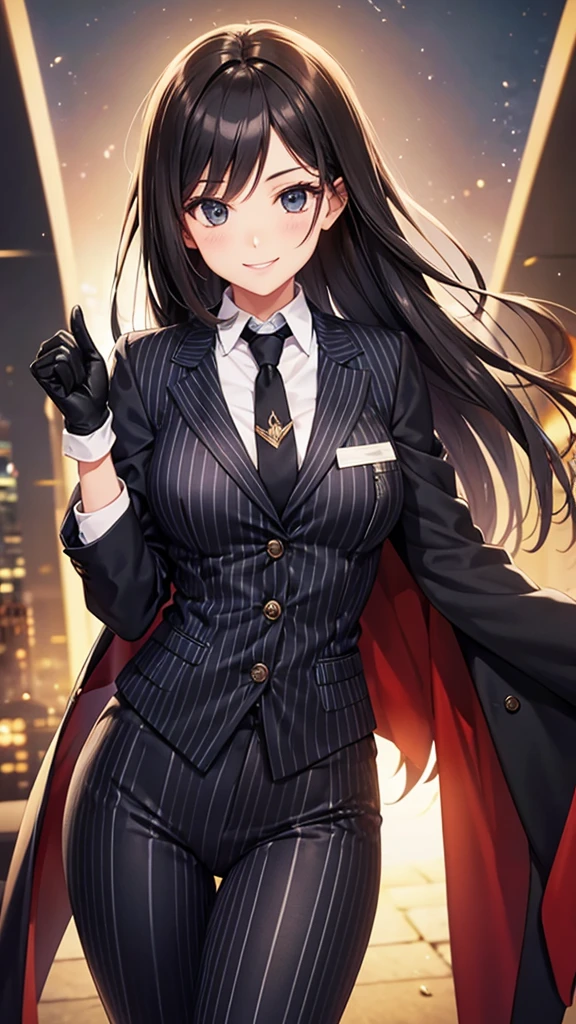 A woman wearing a striped pantsuit tie smile Black gloves
