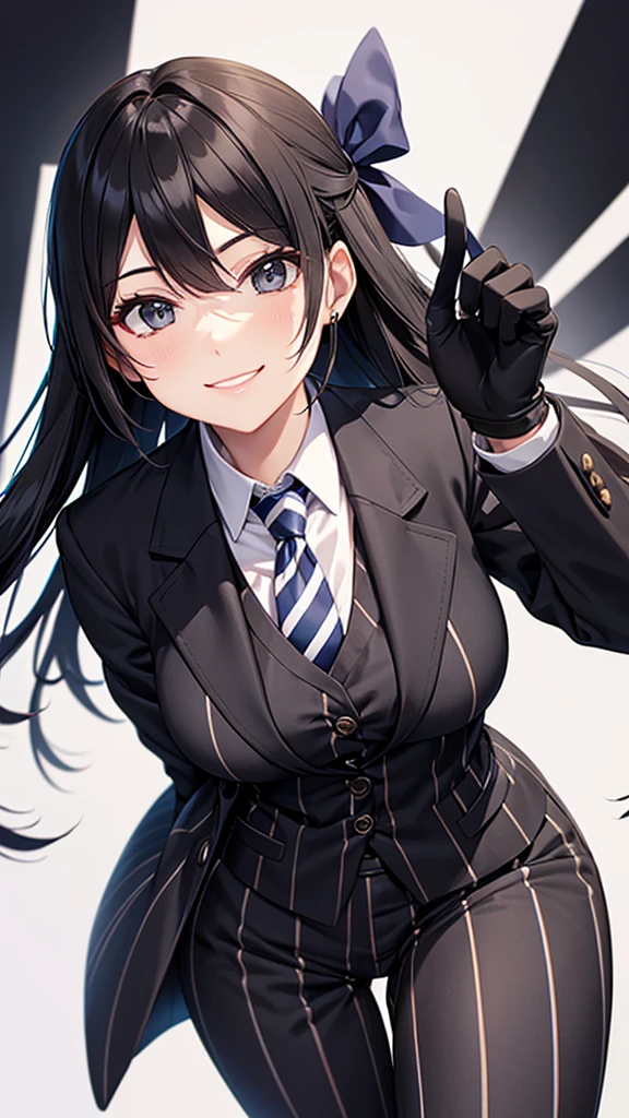 A woman wearing a striped pantsuit tie smile Black gloves