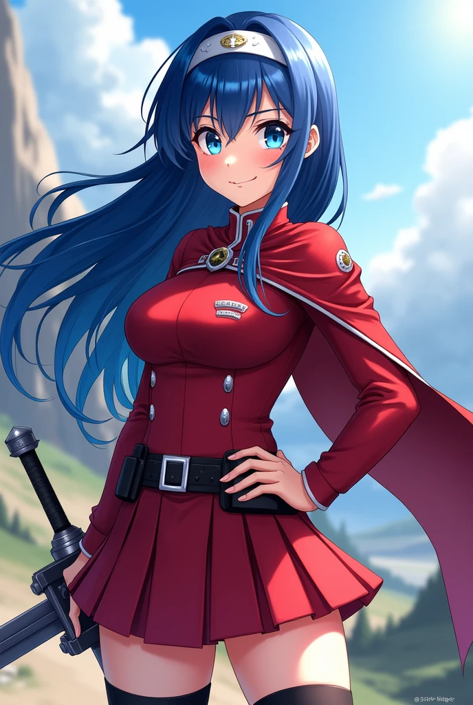Her hair and eye color is navy blue。Long hair、It has air intakes and no bangs.。
Wearing a red long-sleeved adventurer&#39;s uniform。The skirt is red with pleats。
Wearing a red waist cape。Wearing a white headband。wearing black knee highs。Has a sword on his waist。Cheerful and cheerful、A 1 with a strong sense of justice。
