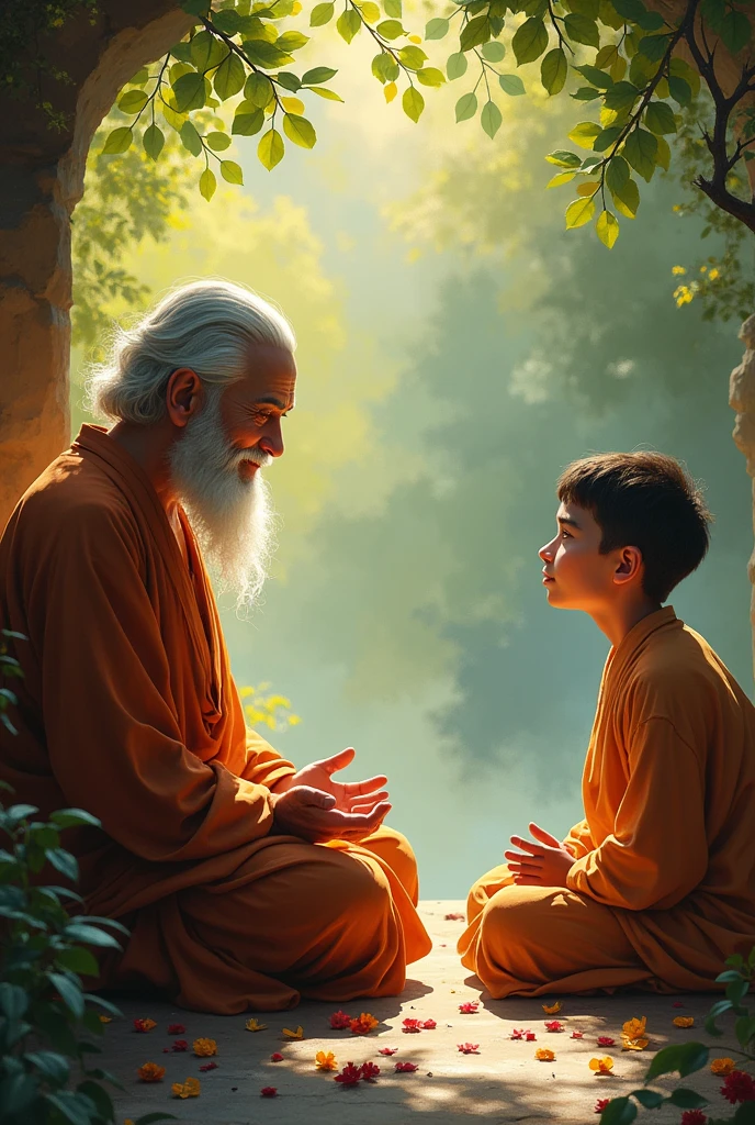 The disciple speaks with the master, explaining how he found inner silence and peace. The master listens with a knowing smile.
Prompt: A wise master sitting cross-legged, listening to a transformed monk speak calmly. The atmosphere is peaceful, with both sharing a deep understanding.