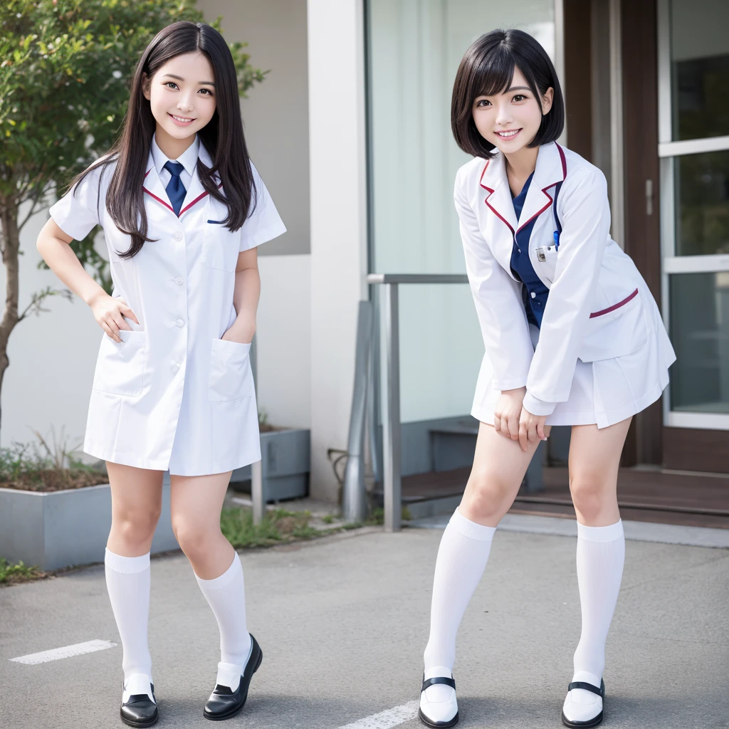 White knee-high socks、Nurse uniform、White pumps、Japanese women、whole body、Black Hair、short hair、Standing posture、smile、 High resolution, Gaze, Anatomically correct, Highest quality、20-year-old