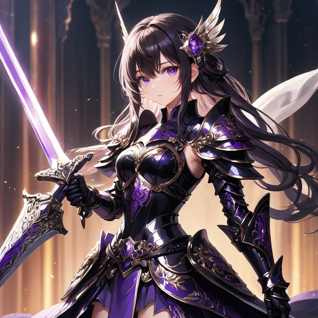 One girl,alone,anime,The whole body from head to toe、Classy girl,Armored,Holding a sword,anger,(embedded:Unaesthetic XLv13.Safety Tensor:1.2),(embedded:Negative XL_is.Safety Tensor:0.8),(masterpiece,Highest quality,Ultra_detailed,High resolution,Absurd:1),(masterpiece, Highest quality, Highest quality, beautifully、aesthetic),Ultra-detailed,Very delicate and beautiful,beautiful detailed face,澄んis顔,Best illustrations,extremely detailed eyes and face,wonderful,detailed and intricate,Best image quality, beautifully繊細な背景,beautiful detailed, Black-purple armor