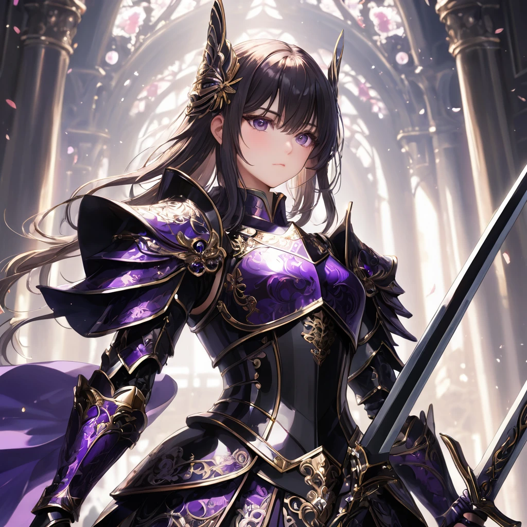 One girl,alone,anime,The whole body from head to toe、Classy girl,Armored,Holding a sword,anger,(embedded:Unaesthetic XLv13.Safety Tensor:1.2),(embedded:Negative XL_is.Safety Tensor:0.8),(masterpiece,Highest quality,Ultra_detailed,High resolution,Absurd:1),(masterpiece, Highest quality, Highest quality, beautifully、aesthetic),Ultra-detailed,Very delicate and beautiful,beautiful detailed face,澄んis顔,Best illustrations,extremely detailed eyes and face,wonderful,detailed and intricate,Best image quality, beautifully繊細な背景,beautiful detailed, Black-purple armor