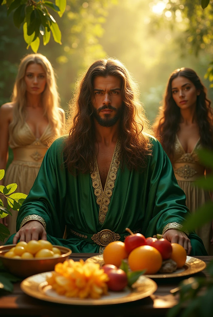In a green garden with golden light set’s a long hair with no beard king wearing green silk surounded by wife’s and fruits in golden plates