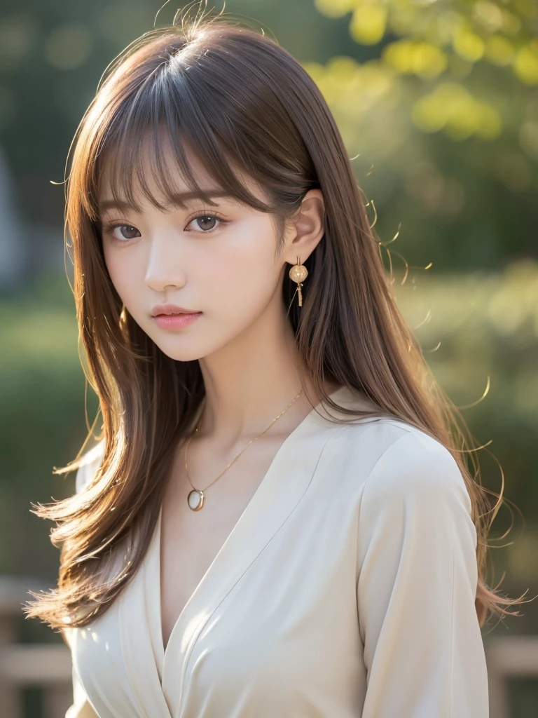 ((Highest quality, 8k, masterpiece:1.3)), concentrate: 1.2, Perfect body beauty: 1.4, Hips: 1.2, ((Long Hair, chest: 1.2)), (Dry clothes: 1.1) , (clear, Simple Background:1.3), Simple clothes: 1.1, Highly detailed face and skin texture,Delicate eyes, double eyelid, Whitened skin, Rough skin、Long Hair、bangs、Simple earrings、necklace、 solo、Beige coat、White shirt,  (((Cute and beautiful Japan)))、  ((Beautiful 20-year-old Japanese))、 ((Baby Face))、 (((Slender body)))、  Upper Body，Face focus、necklace，Simple Background，From above， Realistic Hair、 A photograph was taken:Canon EOS R6、135mm、1/1250 seconds、f2.8、ISO400、(Detailed explanation of the hand)、(Masseter muscle area)、(Exquisite CG)、Long Hair, loose and curly hair、Korean Hair、Long Hair明るいベージュ色、グラデーションハイライトグレージュのゆるふわLong Hairスタイル、