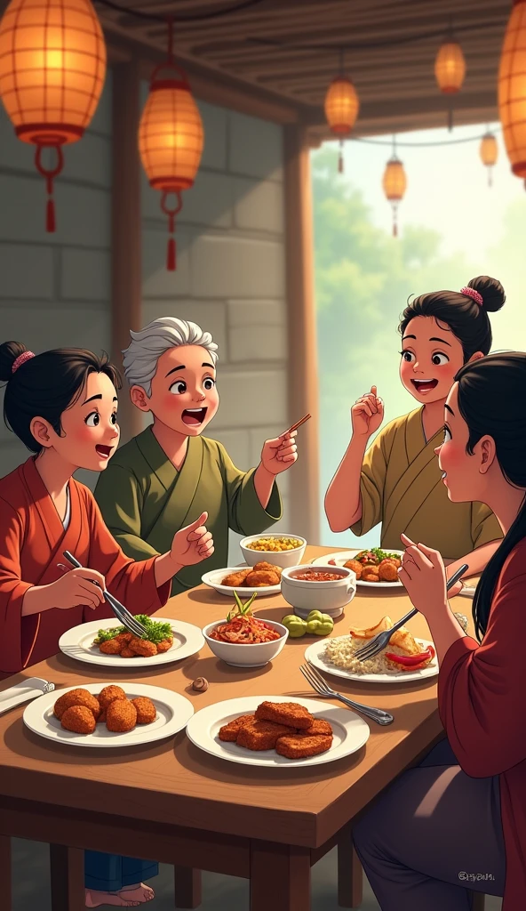 5. **Villagers Eating and Reacting**: Show the villagers enjoying their meal at the restaurant but looking confused or surprised as they hear the explanation about the cat.