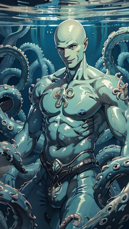 (1boy, solo, highly insanely detailed, masterpiece, top quality, best quality, highres, 4k, 8k, RAW photo),((innocent look)),((Childish)),From the front, symmetrical composition,smile,cute,Innocent,Kind eyes,Flat chest, ghibli style, under the sea, (Handsome-squidward), (blue skin:1.3), bald,, pink lips, blue, muscular), tentacle4rmor