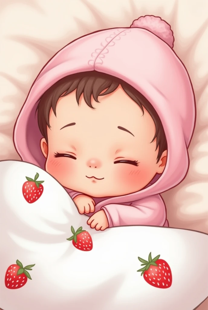 1 newborn baby pink hooded sweatshirt, covered with a white blanket with red strawberry pattern, lying with eyes closed sleeping but smiling slightly. Baby lying horizontally, person facing up but head on left side and face turned towards camera Drawn in cute chibi cartoon style
