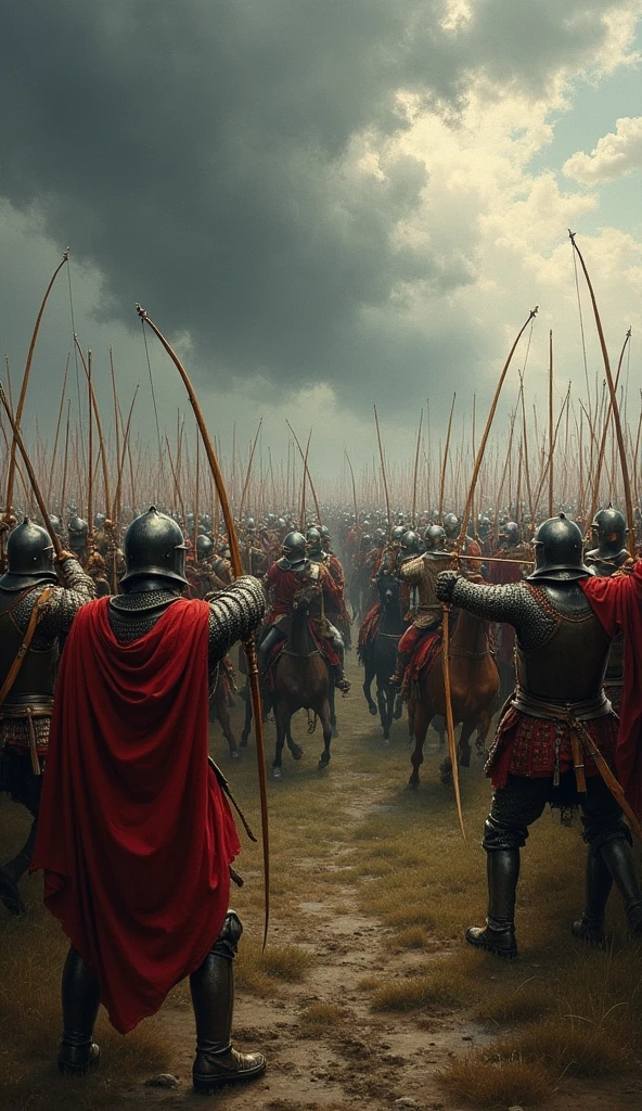 Dramatic reenactment of the Battle of Agincourt with English longbowmen raining arrows on French knights.