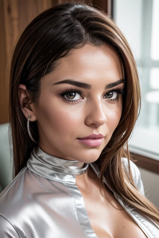 Close up head shot portrait,(best quality,4k,Alto:1.2),ultra-detalhado,Realistic, photo, professional, studio lighting, vivid colors, sharp focus, Physically-based rendering,HDR, extremely detailed eyes and face, beautiful detailed lips, long eyelashes,big massive breasts,(exposed cleavage silver satin shirt :1.3),pokie nipples, Actriz Cheryl Cole, woman 30 years old,brown hair, Looking at the Viewer