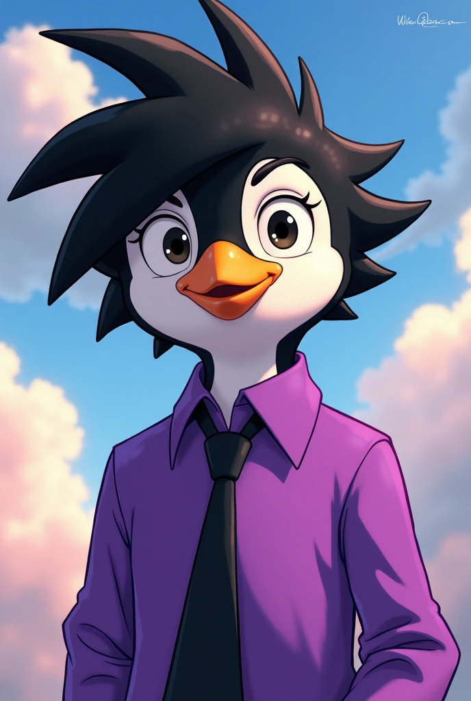 Private from Penguins of Madagascar with black Japanese weeb hair and a purple shirt with black tie