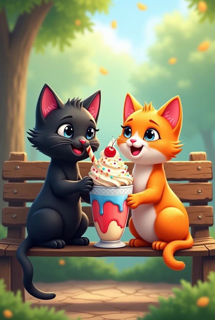 Image 4**: The cats are sitting on a park bench, sharing a large ice cream sundae. They have joyful expressions, with the black cat feeding a spoonful of ice cream to the rainbow-colored cat.